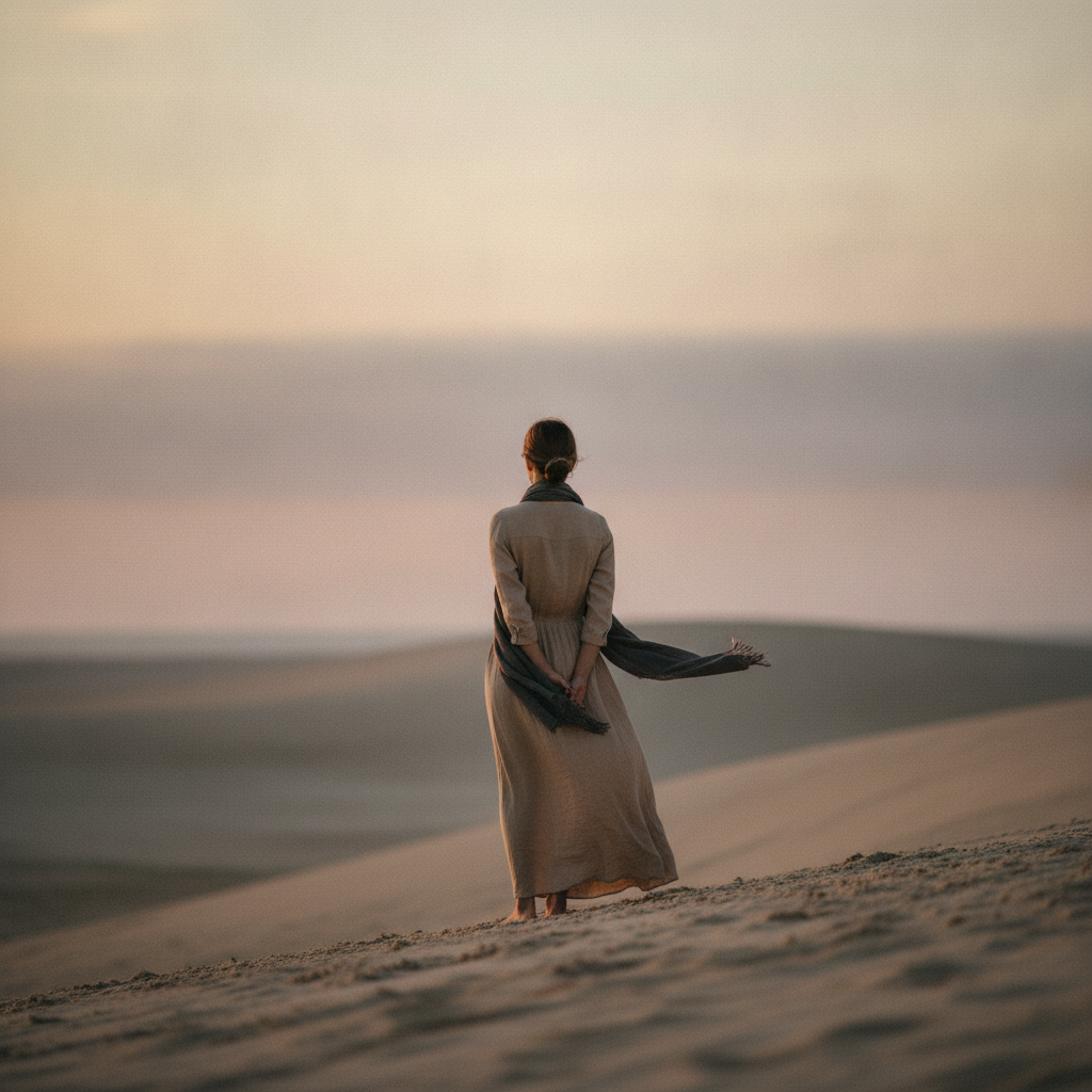 A woman facing an open horizon at dawn, coming home to herself